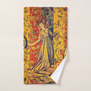 Mediaeval Italian Red Blue Yellow Chinoiserie  Bath Towel Set