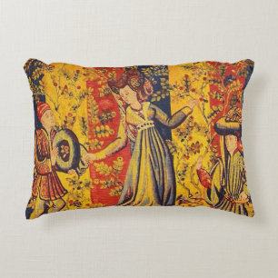 Mediaeval Italian Red Blue Yellow Chinoiserie Decorative Cushion