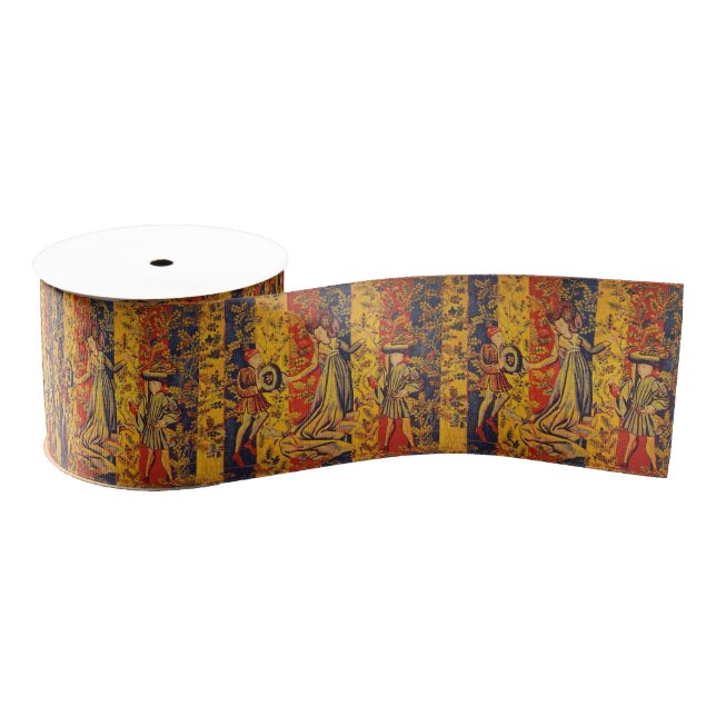 Mediaeval Italian Red Blue Yellow Chinoiserie  Grosgrain Ribbon (Spool)