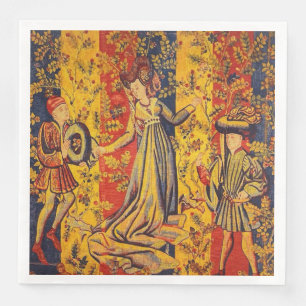 Mediaeval Italian Red Blue Yellow Chinoiserie Napkin