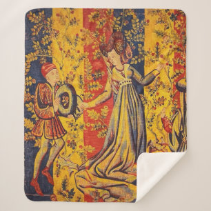 Mediaeval Italian Red Blue Yellow Chinoiserie Sherpa Blanket