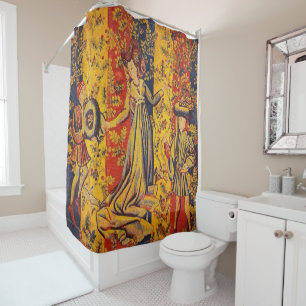 Mediaeval Italian Red Blue Yellow Chinoiserie  Shower Curtain
