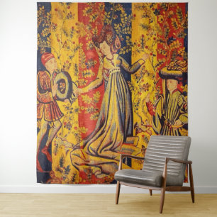 Mediaeval Italian Red Blue Yellow Chinoiserie  Tapestry