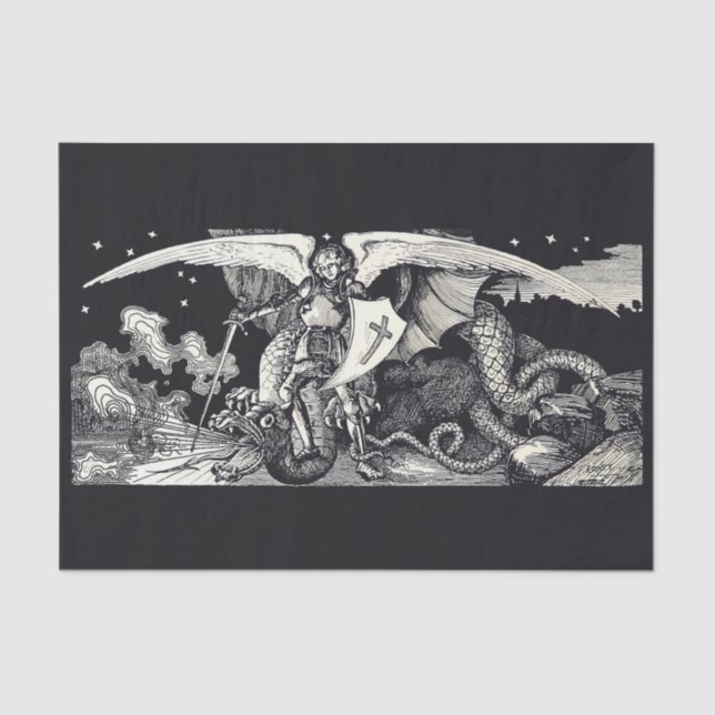 Mediaeval Knight and Dragon B W Tissue Paper (Front)