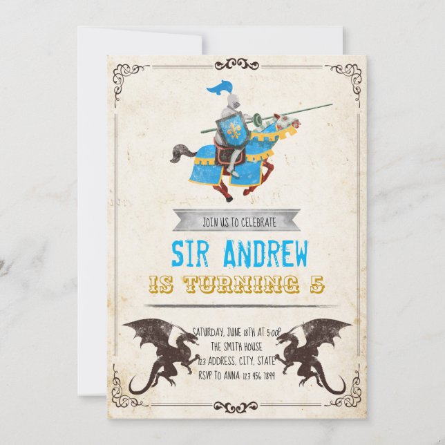 Mediaeval knight and dragon birthday party invitation (Front)