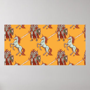 mediaeval knight and unicorn seamless pattern poster