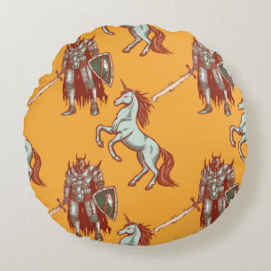 mediaeval knight and unicorn seamless pattern round cushion