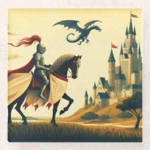 Mediaeval Knight/dragon/castle fantsy Glass Coaster