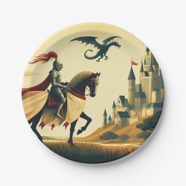Mediaeval Knight/dragon/castle fantsy Paper Plate (Front)