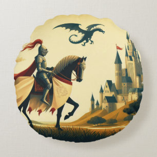 Mediaeval Knight/dragon/castle fantsy Round Cushion