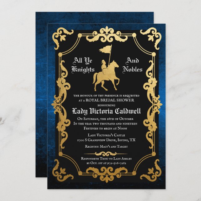 Mediaeval Knight Jousting Bridal Shower Invitation (Front/Back)