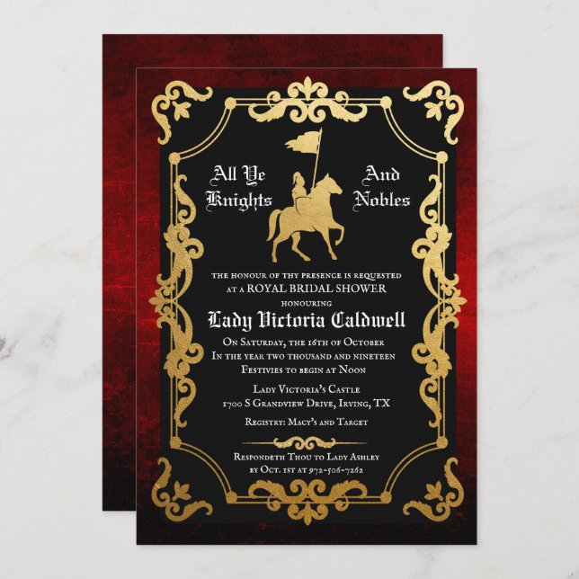 Mediaeval Knight Jousting Bridal Shower Invitation (Front/Back)