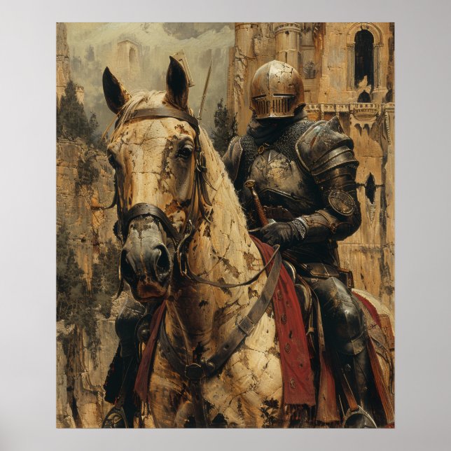 Mediaeval Knight Riding Horse Illustration Poster (Front)