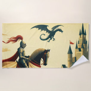 Mediaeval Knight & wyvern castle Beach Towel