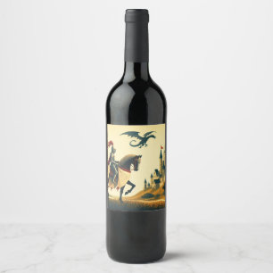 Mediaeval Knight & wyvern castle fantasy Wine Label