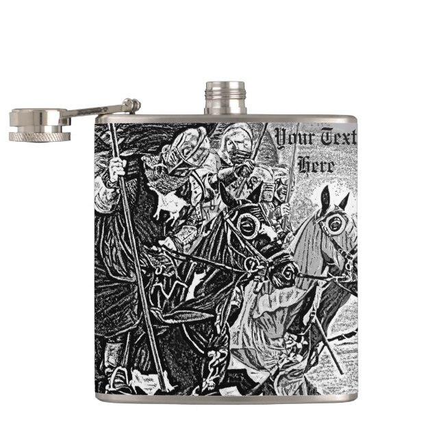 mediaeval knights jousting on horses historic art hip flask (Opened)