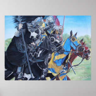 mediaeval knights jousting on horses historic art poster