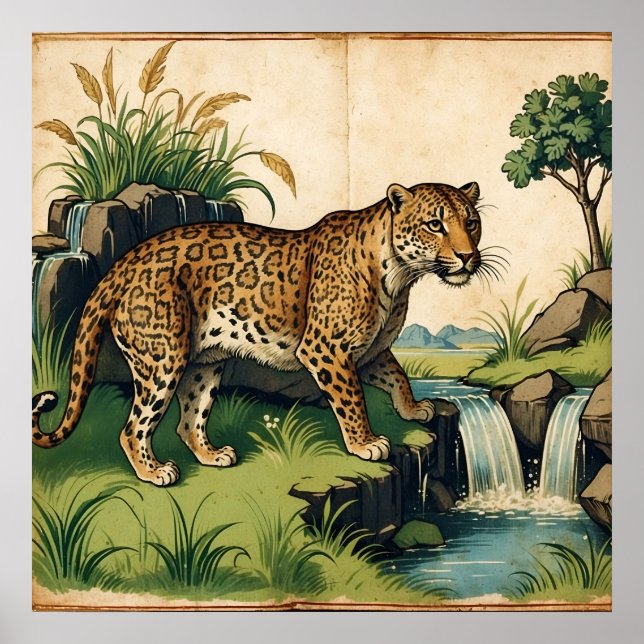 Mediaeval Leopard with Waterfall Nature Art Poster (Front)