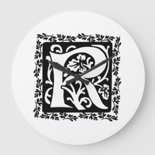 Mediaeval Letter R Monogram Black and White Large Clock