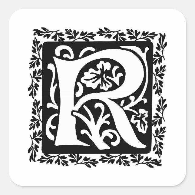 Mediaeval Letter R Monogram Black and White Square Sticker (Front)