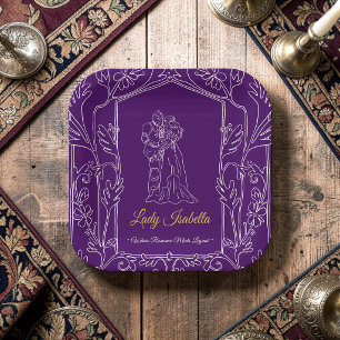Mediaeval Love Story Purple Line Art Birthday Paper Plate