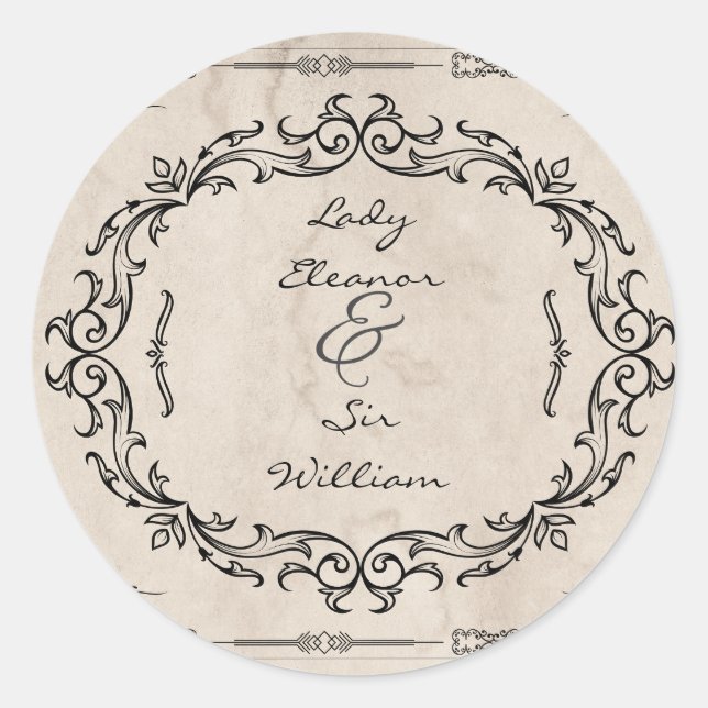 Mediaeval Manuscript Elegant Wedding Classic Round Sticker (Front)