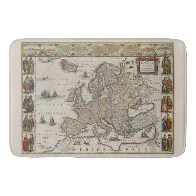 Mediaeval Map of Europe (by Willem Blaeu) Bath Mat (Front)