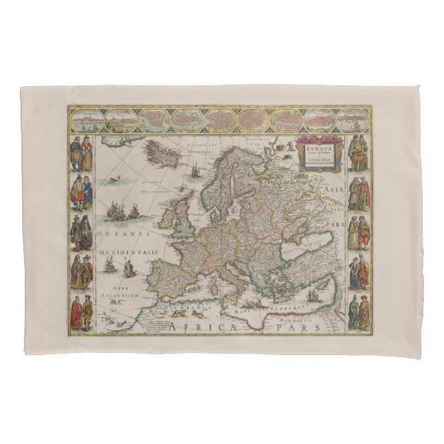 Mediaeval Map of Europe (by Willem Blaeu)  Pillowcase (Front-Left)