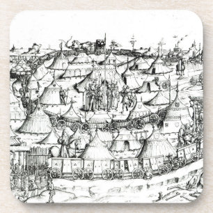Mediaeval military encampment, from a book, pub. coaster