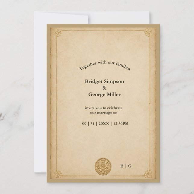Mediaeval Minimalist Parchment Celtic Knot Wedding Invitation (Front)