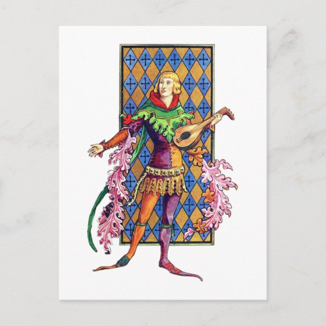Mediaeval Minstrel and Lute Postcard (Front)