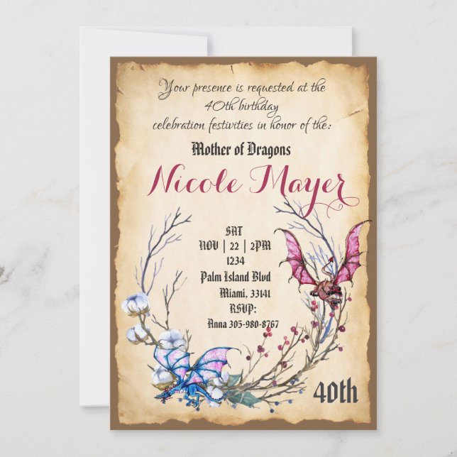 Mediaeval Mother of Dragon 40th Birthday Invitatio Invitation (Front)