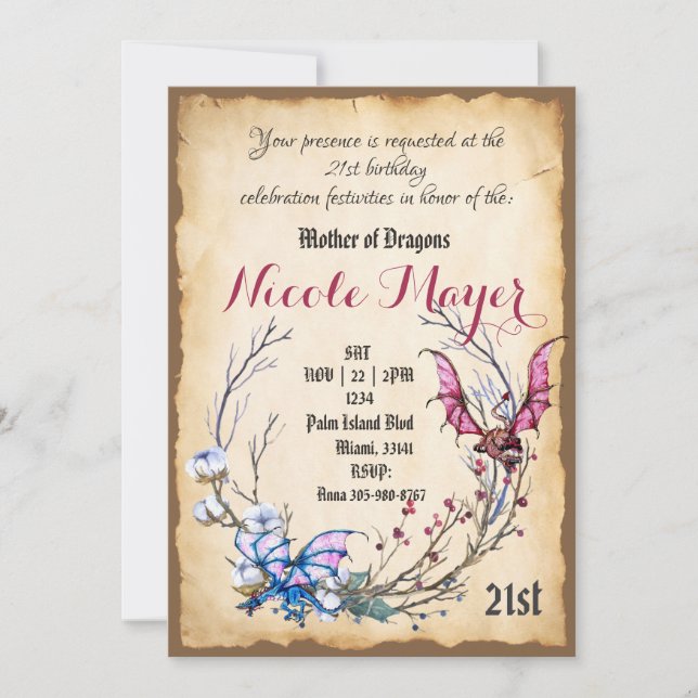 Mediaeval Mother of Dragons Birthday Invitation (Front)