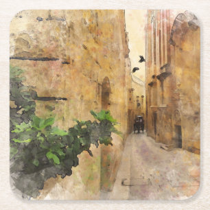 Mediaeval Narrow Street Old Buildings Watercolor Square Paper Coaster