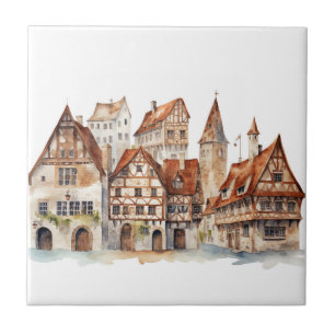Mediaeval old city watercolor ceramic tile