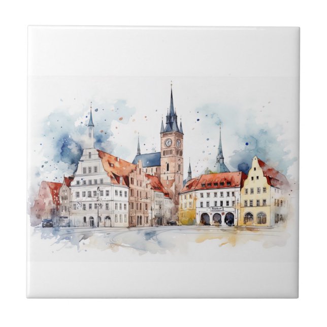 Mediaeval old city watercolor ceramic tile (Front)