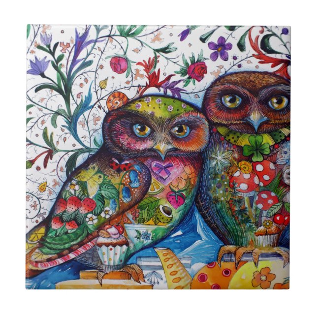 Mediaeval owls 1 ceramic tile (Front)