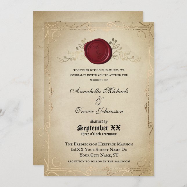 Mediaeval Parchment and Wax Seal Fairytale Wedding Invitation (Front/Back)