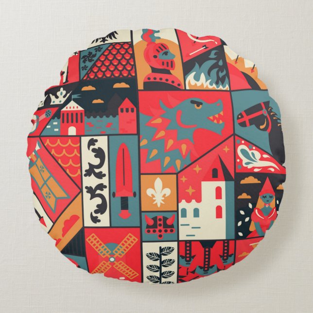 Mediaeval pattern seamless design. Decoration text Round Cushion (Front)