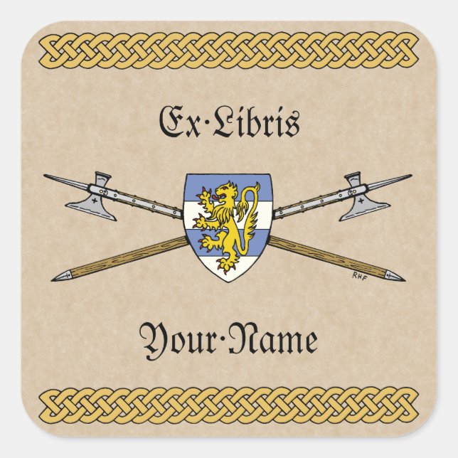 Mediaeval Poleaxes and Shield Bookplate Square Sticker (Front)