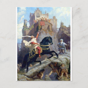 Mediaeval Prince black horse gnomes castle Postcard