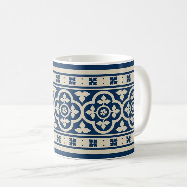 Mediaeval Quatrefoils - Ivory on Prussian Blue Coffee Mug (Front Right)
