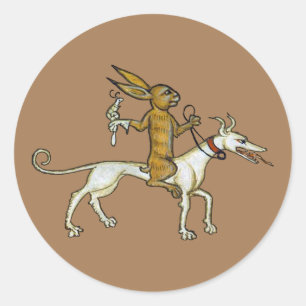 Mediaeval Rabbit Riding Dog and Holding Snail Classic Round Sticker