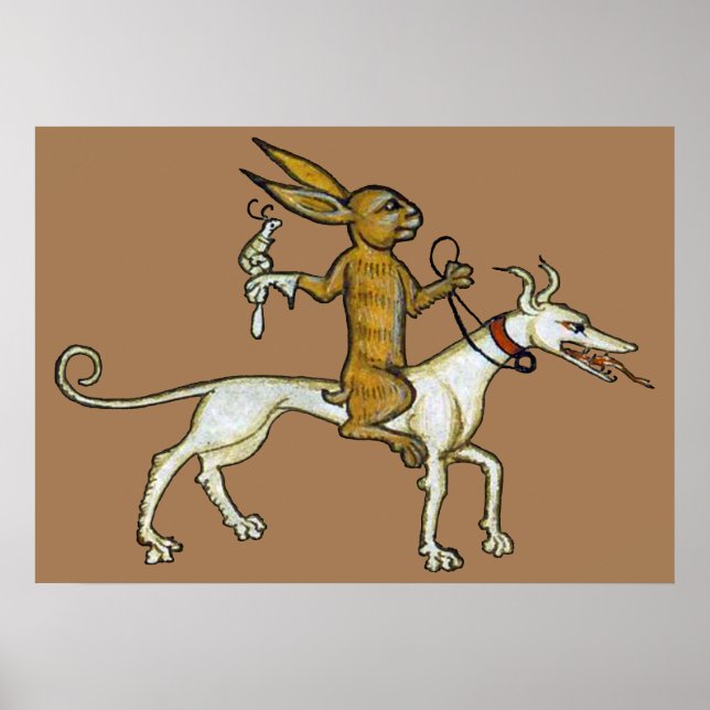 Mediaeval Rabbit Riding Dog and Holding Snail Poster (Front)
