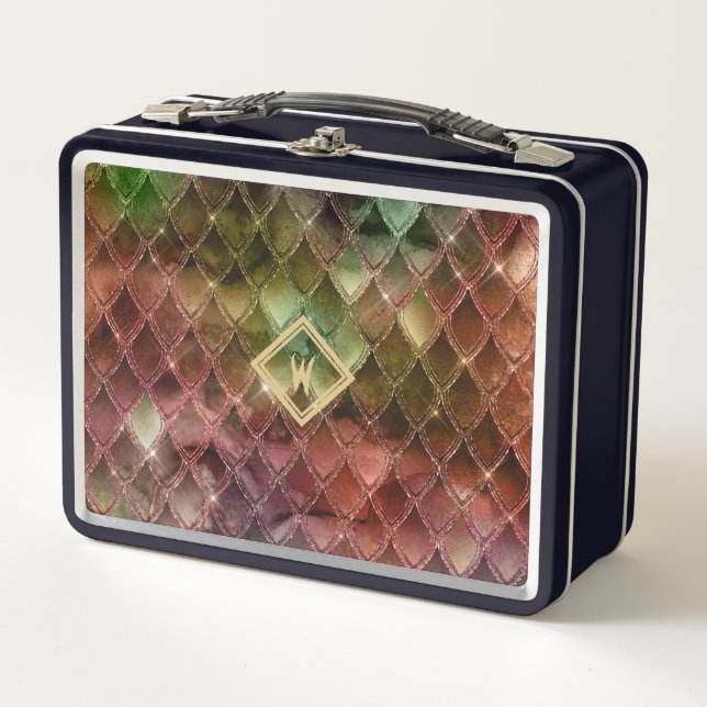 Mediaeval Rainbow Dragon Scales with Single Initia Metal Lunch Box (Front)