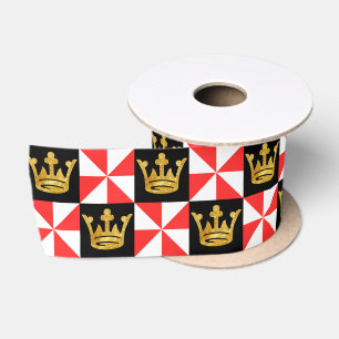 Mediaeval Red White Black Faux Gold Crown Pattern Satin Ribbon