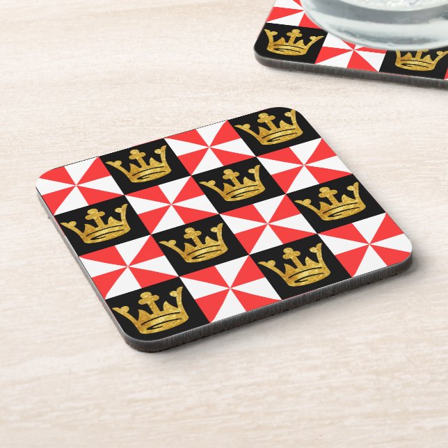 Mediaeval Red White Faux Gold Crown Pattern Bevera Coaster (Left Side)