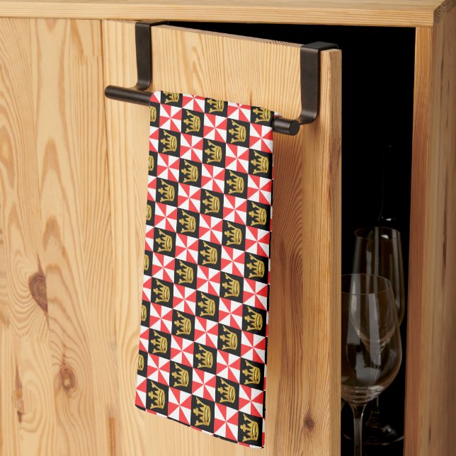 Mediaeval Red White Faux Gold Crown Pattern Tea Towel (Thirds Fold)