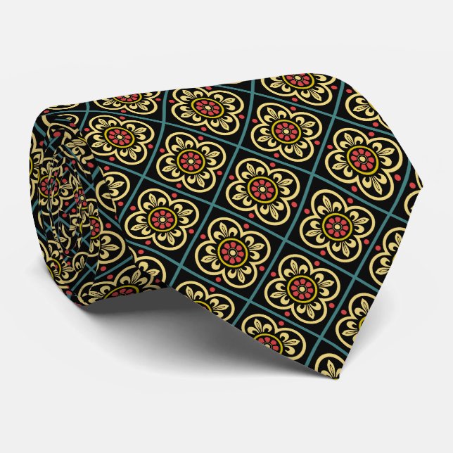 Mediaeval Red Yellow Flower Lilies Vintage Pattern Tie (Rolled)