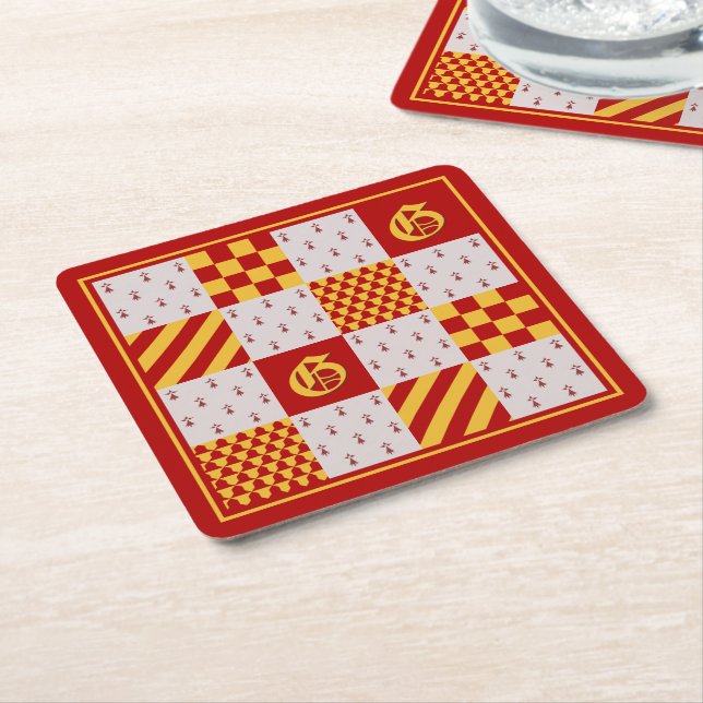 Mediaeval Red Yellow Magical Fantasy Heraldic Square Paper Coaster (Angled)